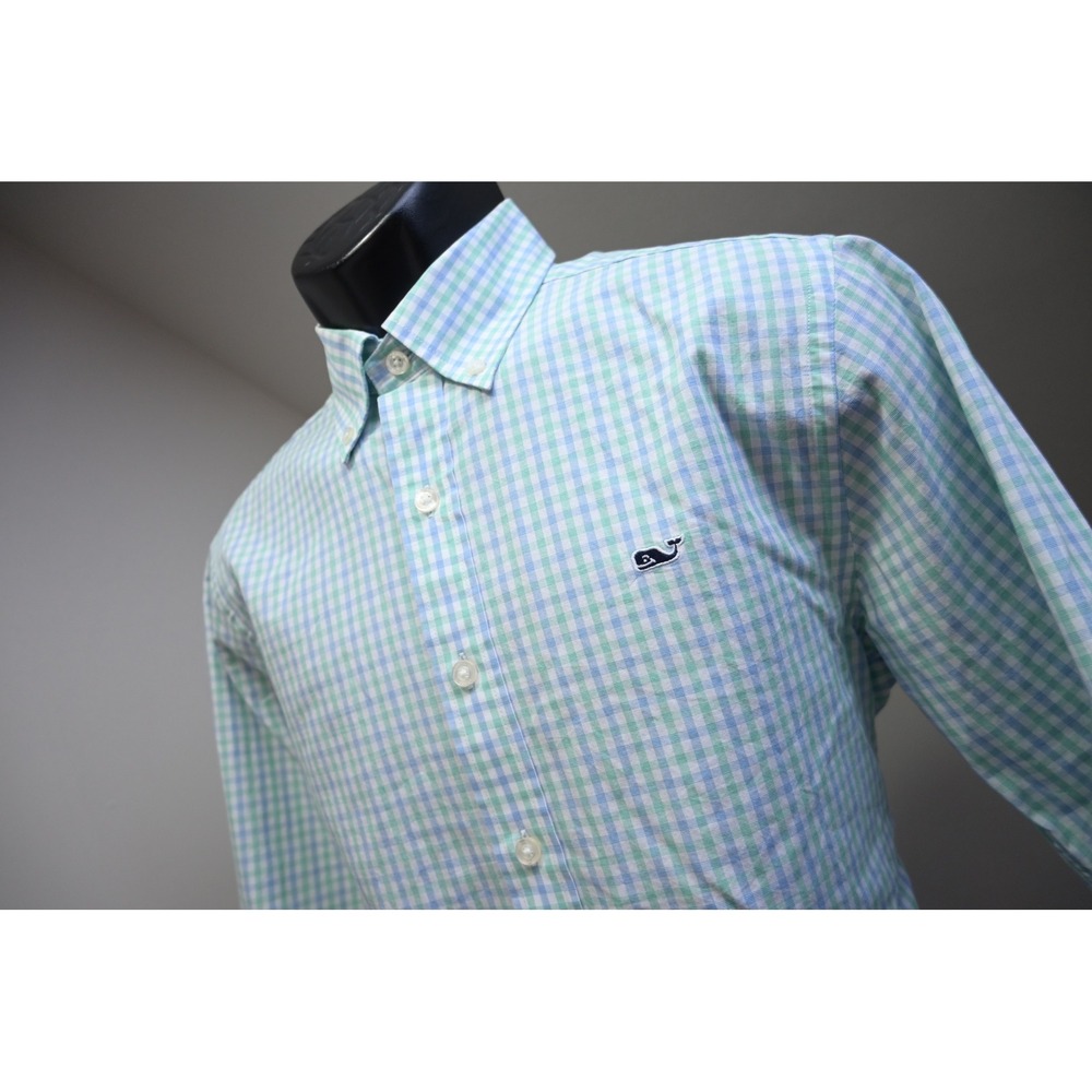 Vineyard Vines Button Up Dress Shirt Men Small Green Blue Plaid Slim Fit Whale